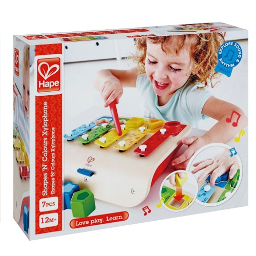 Colorful Hape Shape Sorter Xylophone combines music, shape sorting, and a piano for toddlers' developmental play.