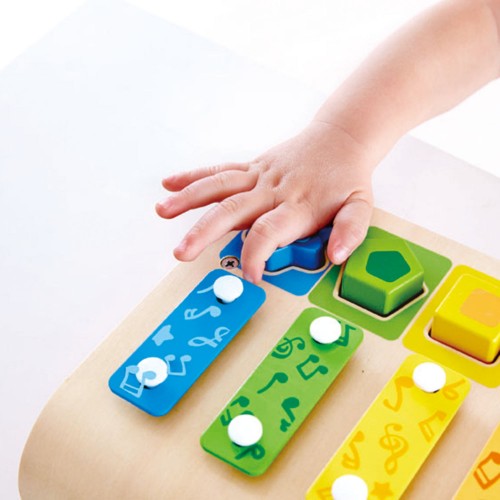 Multifunctional Hape Shape Sorter Xylophone for toddlers, combining music, shape sorting, and fine motor skill development.