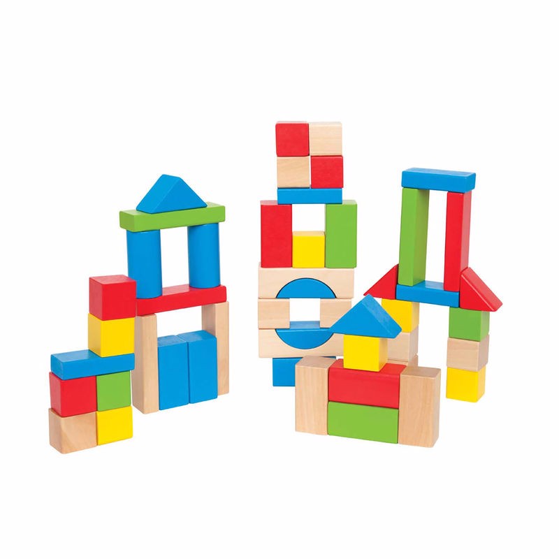 Sturdy Hape Maple Blocks for creative building and play, featuring 50 smooth, vibrant pieces safe for kids aged 2 and up.