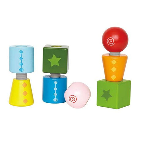 Colorful Hape Twist And Turnables Blocks with unique screw-together shapes for creative building and fine motor skill development.