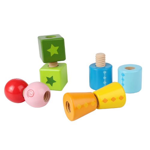 Colorful Hape Twist And Turnables Blocks with screw-together shapes, enhancing creativity and fine motor skills for children.