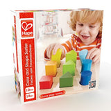 Colorful shape sorter blocks for toddlers, promoting counting, color recognition, and fine motor skills in a sustainable design.