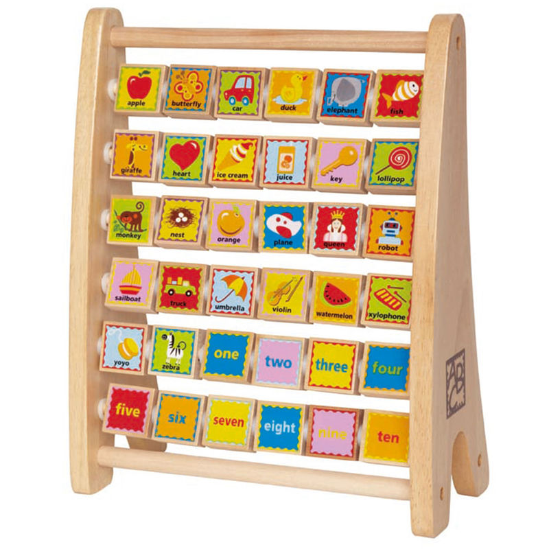 Colorful Hape Alphabet Abacus with vibrant letters and images, designed for fun, interactive learning for kids aged 3+.