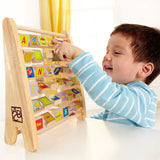 Colorful Hape Alphabet Abacus with letters and pictures, promoting letter recognition and fine motor skills for kids aged 3+.