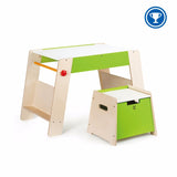 Wooden art table and stool set for kids, perfect for creative play and storage for art supplies.