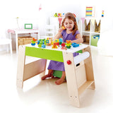 Wooden play station set with stool for kids, ideal for art, snacks, and organizing supplies.