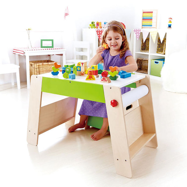 Wooden play station set with stool for kids, ideal for art, snacks, and organizing supplies.