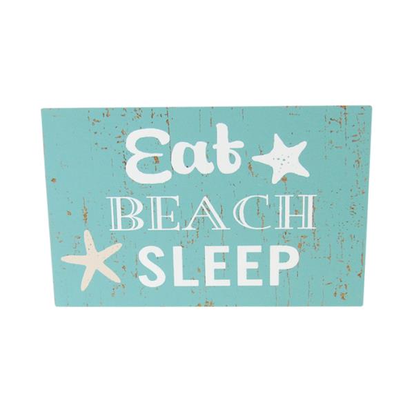 Beach Magnet Eat Sleep, 11x7 cm rustic MDF, capturing seaside essence for fridges, campers, or homes. Perfect for beach lovers.