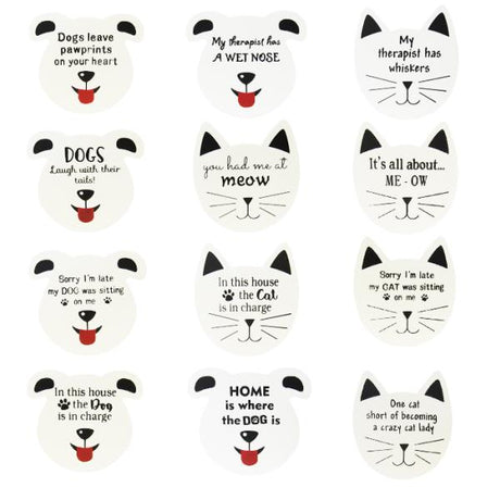 Set of 12 colorful cat and dog head magnets, perfect for displaying notes and pet photos on any magnetic surface.