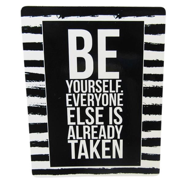 Black and white "Be Yourself" fridge magnet, 10 cm x 7.7 cm, designed to inspire and decorate any metallic surface.