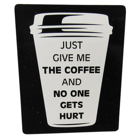 Sleek black and white magnet reading "Give Me Coffee," perfect for coffee lovers' kitchens and fridge decor.