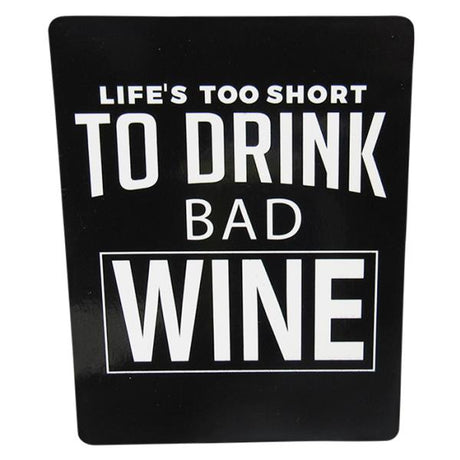 Black and white fridge magnet reading "No Bad Wine," perfect for wine lovers and adding charm to your kitchen decor.