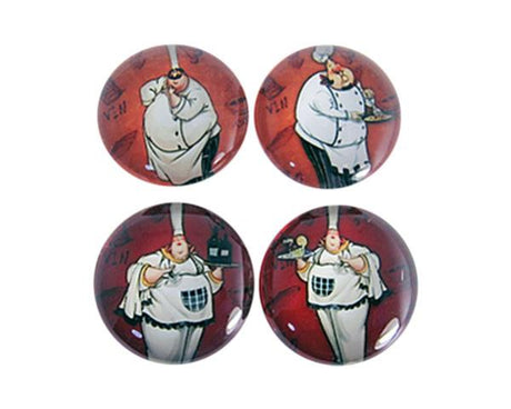 Set of 4 charming glass fridge magnets featuring chef designs, perfect for holding notes and enhancing kitchen decor.