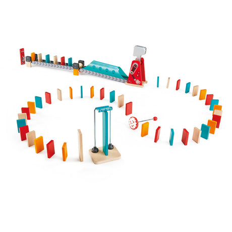 Colorful Hape Mighty Hammer Domino set featuring a robot theme, designed for creative chain reactions and fine motor skill development.