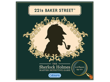 Board game box for 221B Baker Street featuring Sherlock Holmes, inviting players to solve 75 intriguing Victorian mysteries.