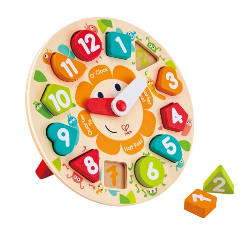 Colorful chunky clock puzzle for kids, teaching time-telling and fine motor skills through interactive play.