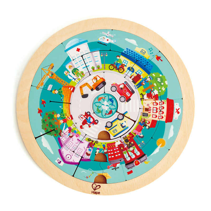 Colorful two-sided puzzle featuring various community jobs, enhancing fine motor skills and imaginative play for kids 4+.