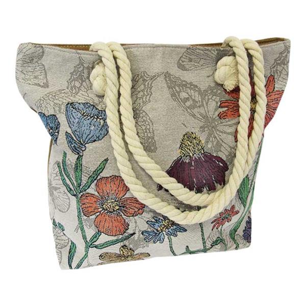 Vibrant floral rope tote bag with zipped compartments, perfect for beach outings, shopping, or as a stylish baby bag.