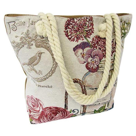 Eco-friendly Rope Tote Bag Garden with zippered compartments, chic handles, and spacious design for outdoor and shopping use.