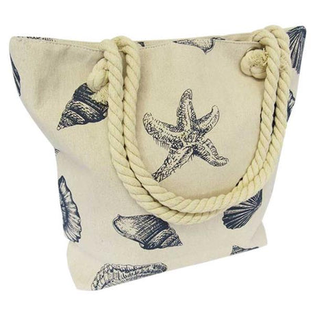 Rope Tote Bag Seashells with durable design, spacious zipped compartment, and coastal seashell print for beach outings.