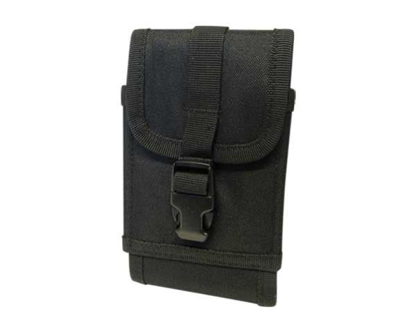Compact camo black mobile pouch for phones and essentials, featuring belt loops and a ring for carabiner attachment.