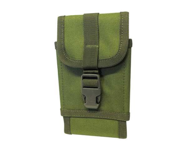 Camo green mobile pouch for phones up to 6.5 inches, featuring belt loops and carabiner clip for secure, convenient carry.