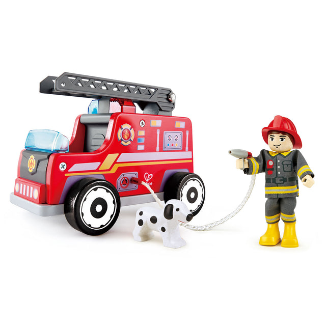 Vibrant wooden Hape Fire Truck featuring an expandable ladder and firefighter figure for imaginative firefighting play.