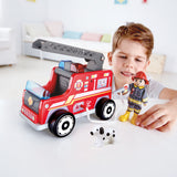 Vibrant wooden fire truck with expandable ladder and firefighter figure, perfect for imaginative play and skill development.