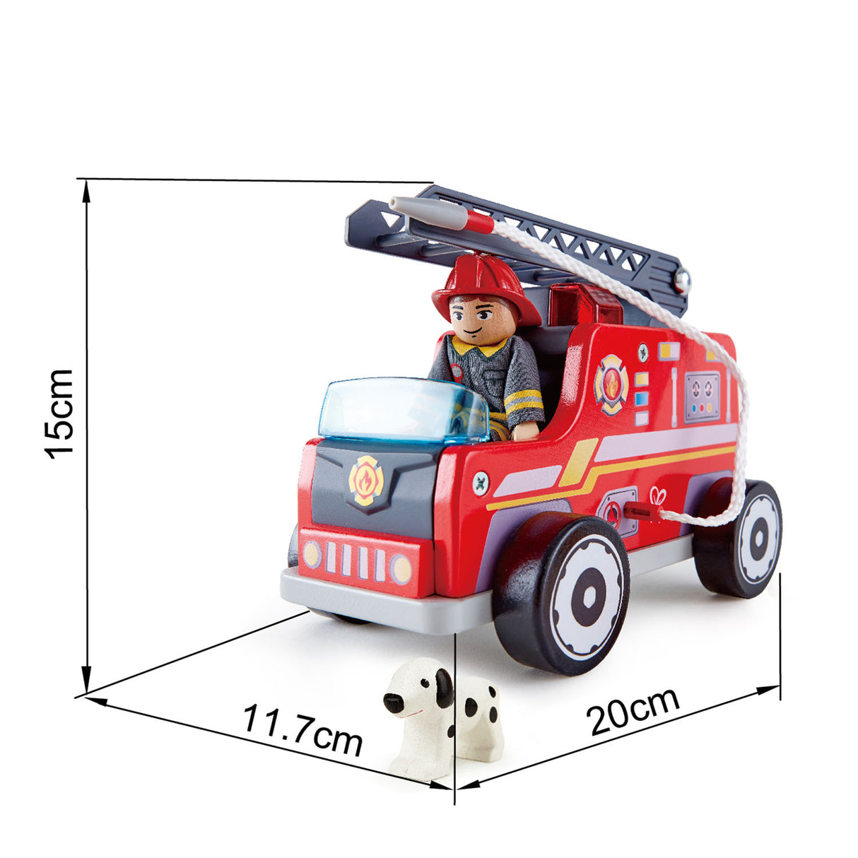 Colorful wooden Hape Fire Truck with expandable ladder and firefighter figure, perfect for imaginative play for ages 3 and up.