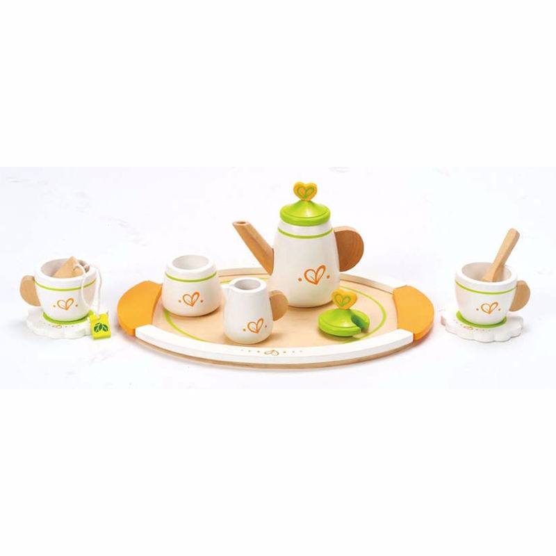 Wooden tea set for two featuring 12 vibrant pieces, perfect for imaginative role-playing and social interaction.