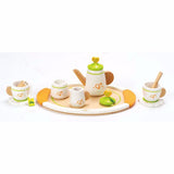 Wooden tea set for two featuring 12 vibrant pieces, perfect for imaginative role-playing and social interaction.