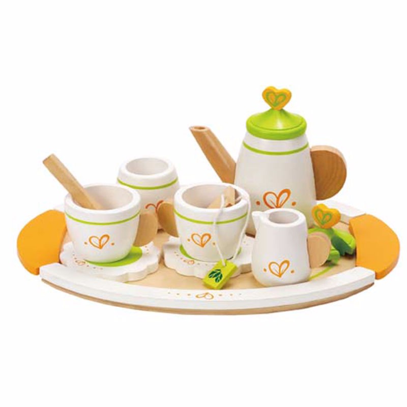 Colorful wooden tea set for two, featuring 12 pieces for imaginative pretend play and social interaction.