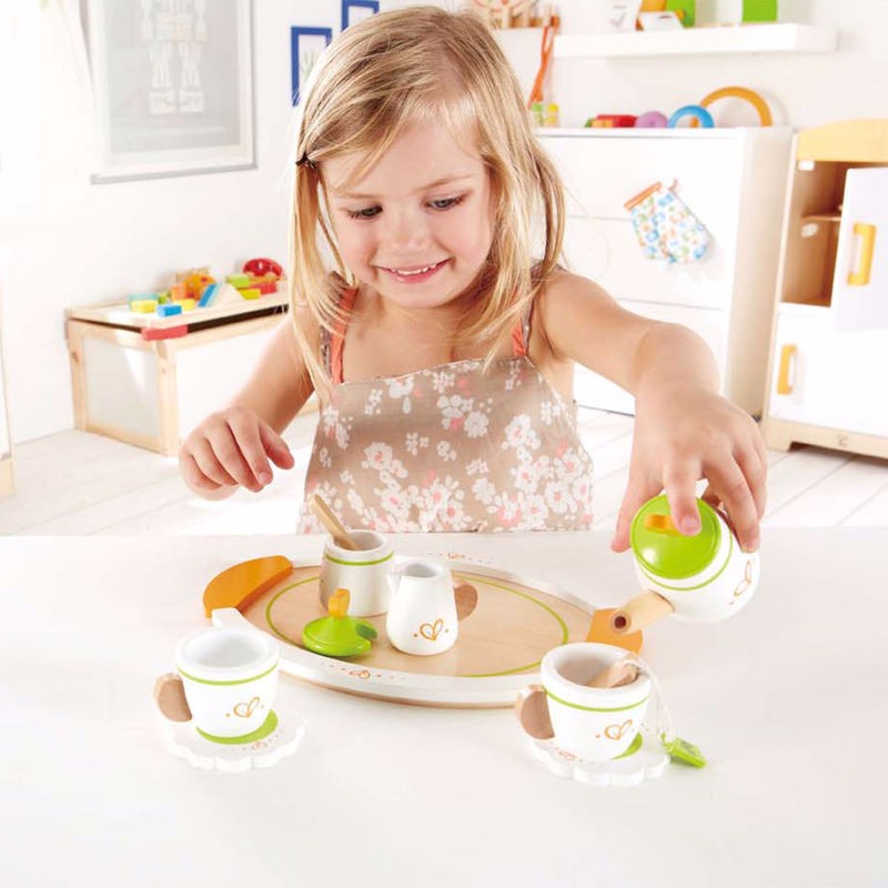 Colorful wooden tea set for two, featuring 12 pieces for imaginative play and social interaction. Perfect for preschool tea parties.