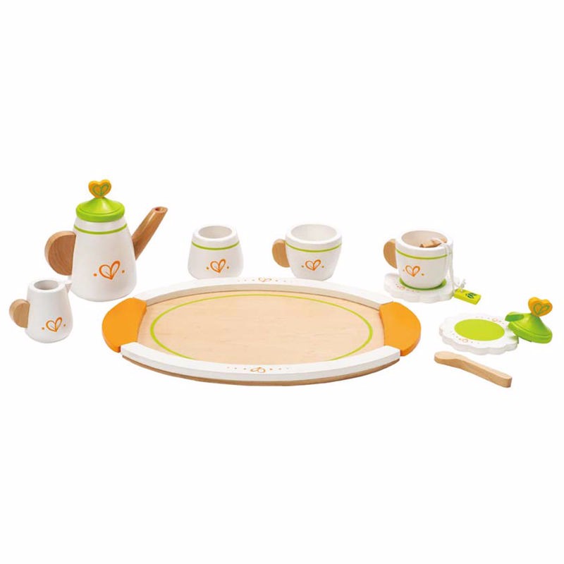 Colorful wooden tea set for two, featuring 12 pieces for imaginative role-play and social interaction. Perfect for little hands!