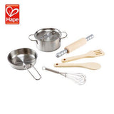 Colorful Hape Chefs Cooking Set with pots, pans, and utensils for imaginative kitchen play and skill development.