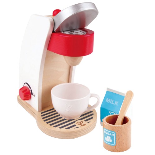 Hape My Coffee Machine featuring a cup, milk, sugar, coffee pod, and spoon for imaginative play and role-playing fun.