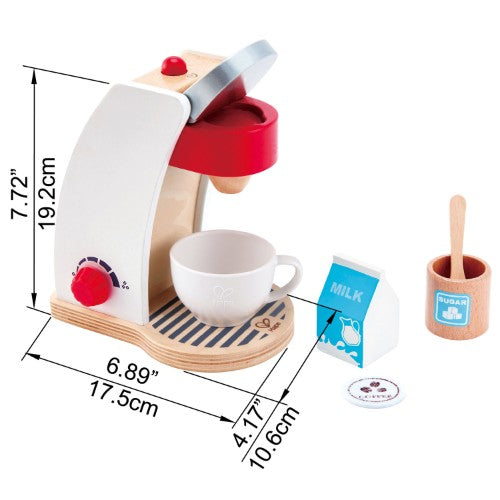 Colorful toy coffee machine set for kids with cup, milk, sugar, coffee pod, and spoon for imaginative barista play.