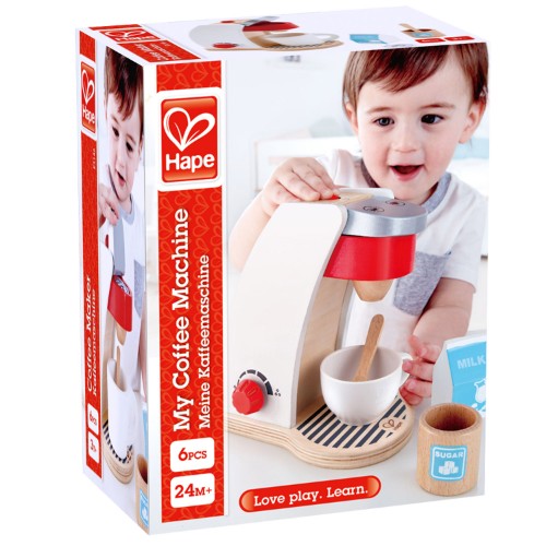 Colorful toy coffee machine set with accessories for imaginative play, promoting creativity and social skills for children 24 months and up.