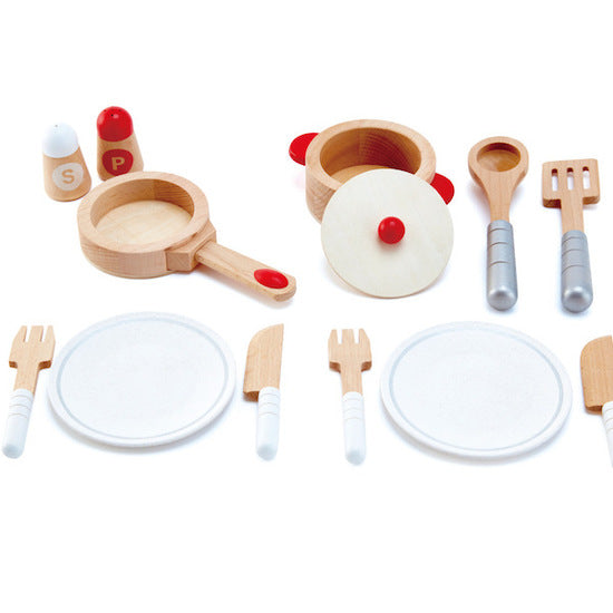 Wooden Hape Cook & Serve Set for kids, featuring pot, pan, utensils, and plates, promoting imaginative cooking play.