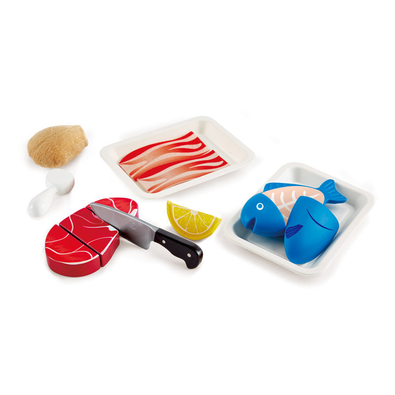 Hape Tasty Proteins playset featuring realistic meats for imaginative cooking fun, promoting healthy eating and fine motor skills.