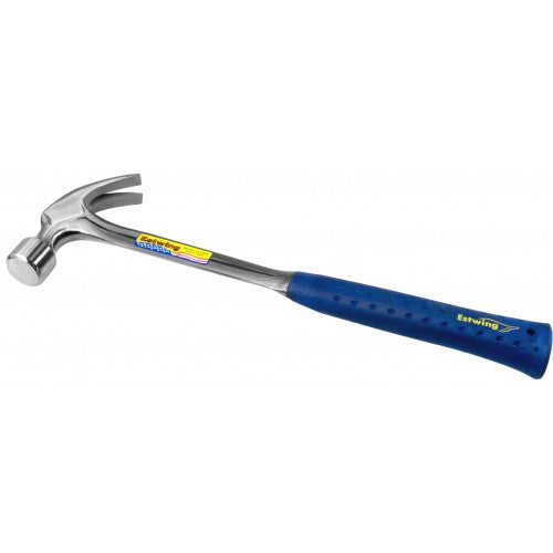 Estwing 22oz steel framing hammer with 16" shaft, shock-reducing grip, and one-piece forged construction for durability.