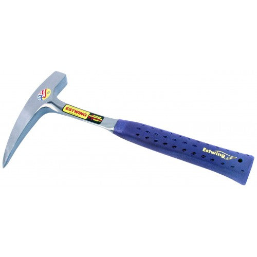 Estwing 22oz Prospector Hammer with a steel handle, blue nylon grip, and pointed tip, ideal for rock hunting and geology.