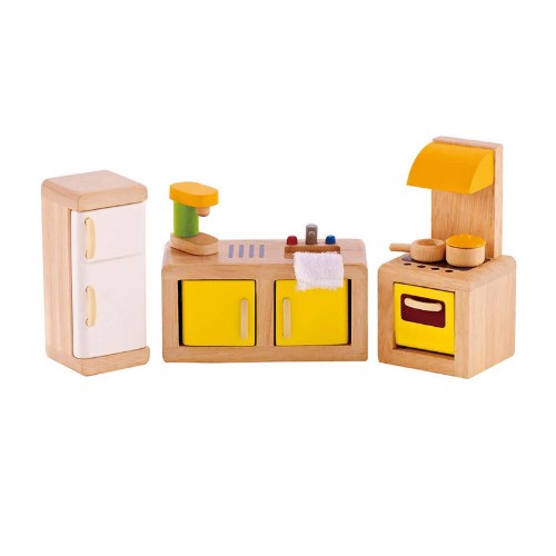 A colorful wooden kitchen set featuring a stove, oven, and accessories, perfect for imaginative play and fostering creativity in children.