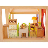 Colorful wooden Hape Modern Kitchen Set for imaginative play, featuring a stove, oven, refrigerator, and cooking accessories.