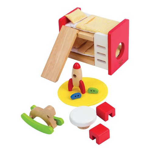 Colorful Hape Children's Bedroom Play Set featuring furniture and accessories for imaginative role-play and storytelling fun.