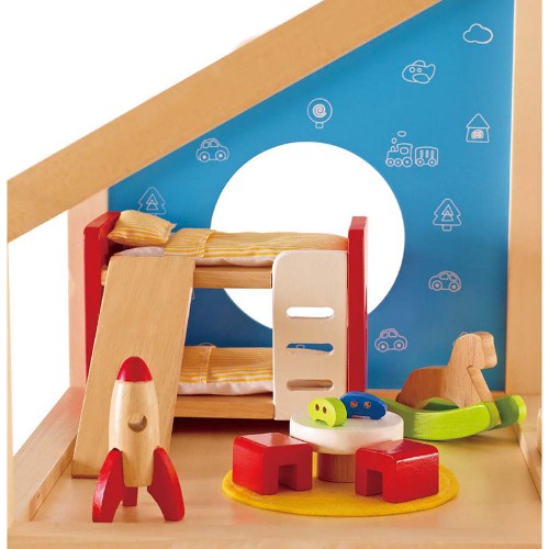 Colorful Hape Children's Bedroom Play Set with furniture and accessories for imaginative role-play, suitable for ages 3+.