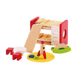 Colorful Hape Children's Bedroom Play Set featuring furniture pieces for imaginative role-playing and storytelling. Ideal for ages 3+.