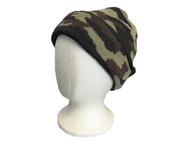 Light green camo beanie crafted from double-layered knit fabric, offering style, warmth, and a comfortable fit for all ages.