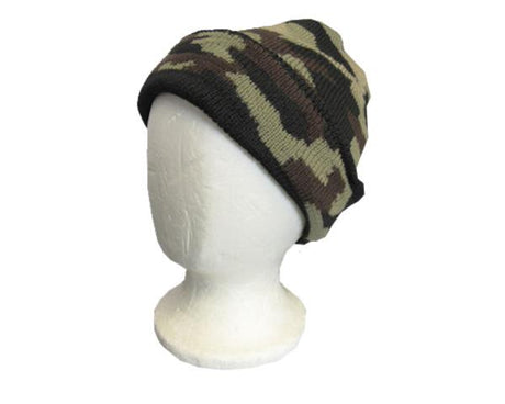 Light green camo beanie crafted from double-layered knit fabric, offering style, warmth, and a comfortable fit for all ages.