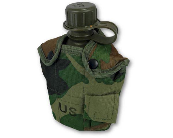 1 Litre Camo Flask with durable design, aluminum cup, insulated cover, and belt clip for outdoor hydration adventures.